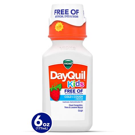Vicks DayQuil Kids Cold Cough Syrup, Childrens Cold Medicine, No Artificial Dyes, Strawberry, 6 ...