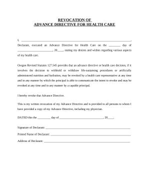 Oregon Advance Directive Revocation Form - Blank Fillable Template ...