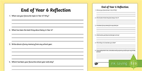 Year 6 End of Year Reflection Worksheet | Primary Resources