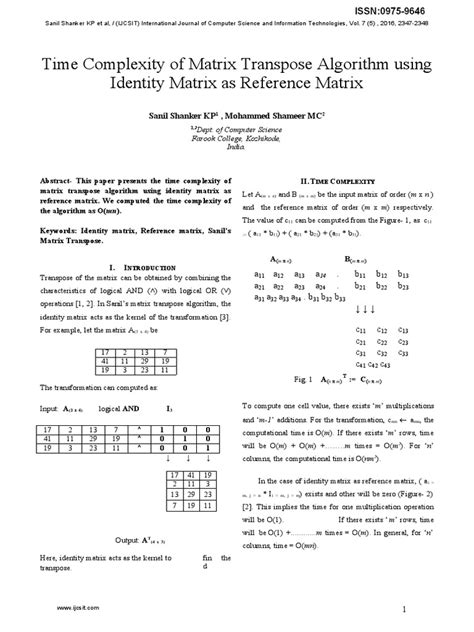 Time Complexity of Matrix Transpose Algorithm Using Identity Matrix As Reference Matrix ...