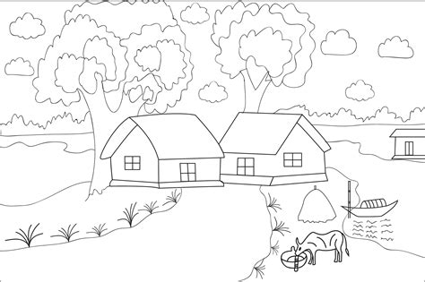 Easy Landscape Village Scenery Drawing Graphic by COLORART · Creative Fabrica