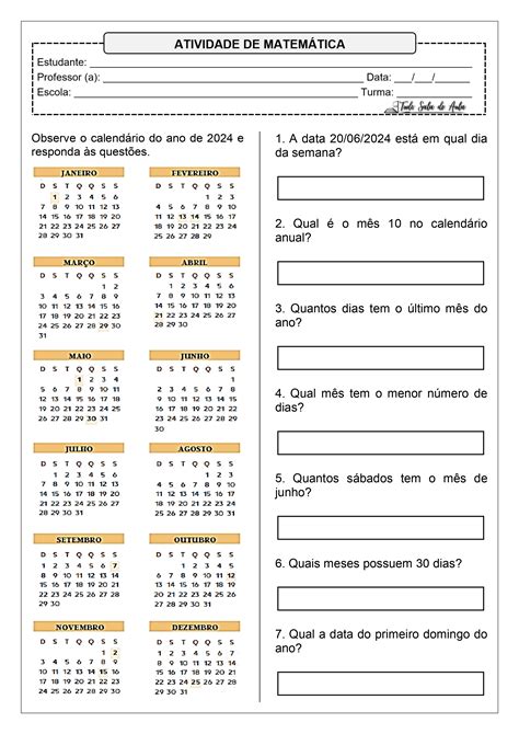 Atividades De Calendário 1 Ano - FDPLEARN