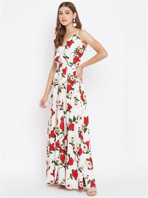 Berrylush Women White & Red Floral Printed V-Neck Thigh-High Slit Maxi
