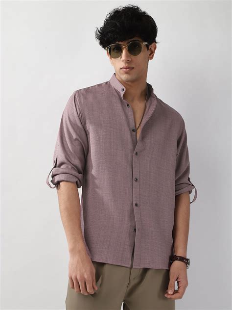 Men's Purple Linen Blend Full Sleeve Relaxed Fit Mandarin Collar Casua ...