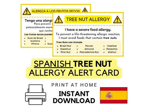 Printable Spanish Tree Nut Alert Card • Instant Download • Medical ID ...