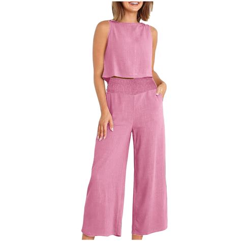 Linen Set for Women Summer Outfits Matching Crop Tank Top and Pleated ...