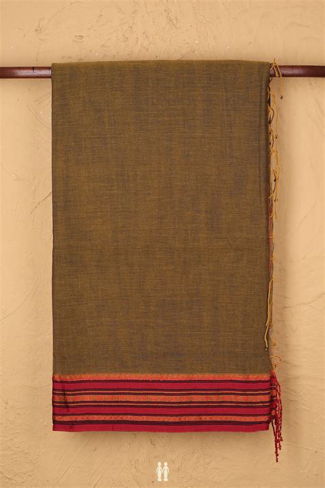 Bengal Cotton Saree In Olive Brown With Threadwork Border