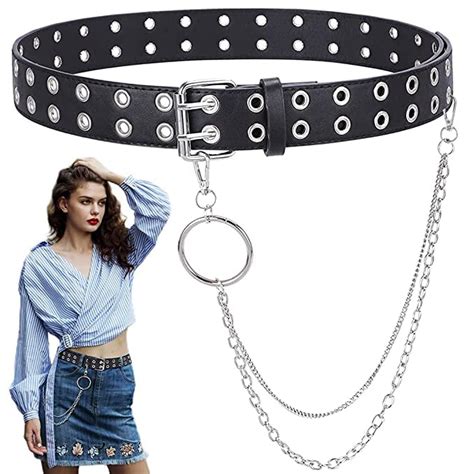 Buy Galore Women's Double Grommet Punk Leather Belt with Detachable ...