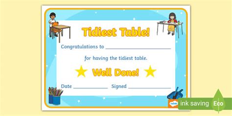 Tidiest Table Certificate, Tidy Table, Certificates - Twinkl
