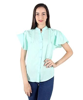 CATTLEYA Solid Mandarin Collar Full Front Open Short Sleeve Top in Sea ...