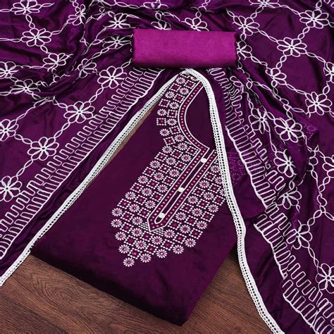 Wine Floral Embroidered Chanderi Dress Material