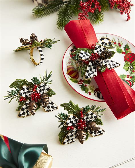 MacKenzie-Childs 13" Holly Holiday Napkin Rings, Set of 4 | Horchow