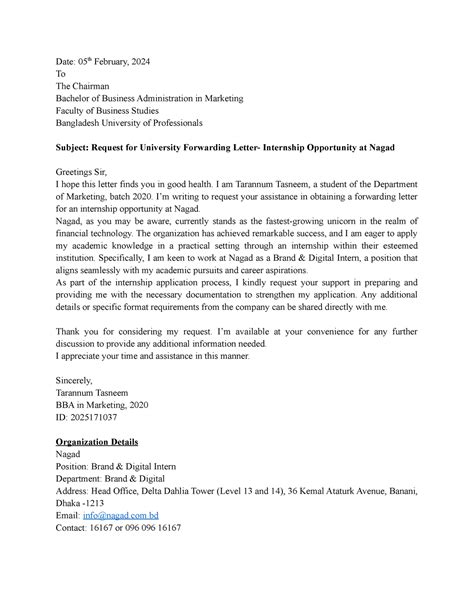 Forwarding Letter For Internship