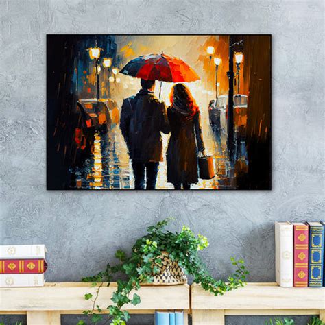 Beautiful Couple Walking in The Rain Holding an Umbrella Canvas Wall P ...