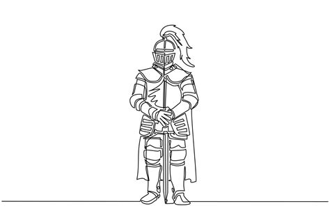 Continuous one line drawing medieval knight in armor, cape and helmet ...