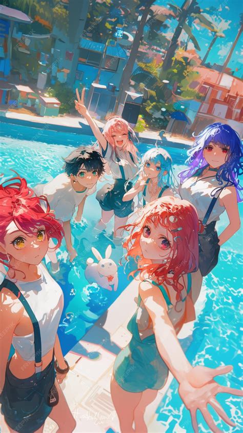 Anime girls in swim suits standing in a pool with their arms out ...