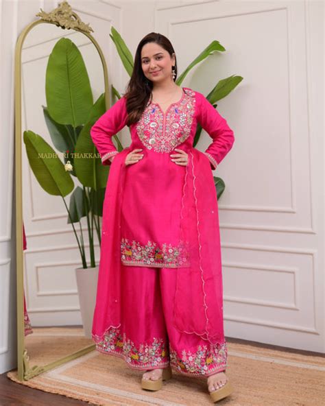 Rani Pink 3 Piece Pure Chanderi Silk Designer Sharara Set For Women ...