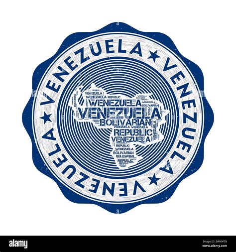Venezuela seal. Country round logo with shape of Venezuela and country name in multiple ...