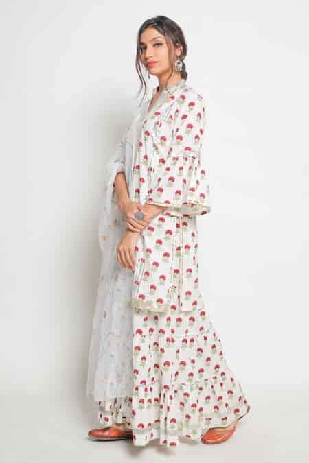 Buy White Cotton Printed Kurta Sharara Set For Women by Maison Shefali ...