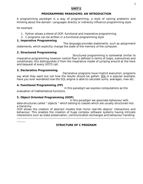 Unit-1 - Nil - UNIT- PROGRAMMING PARADIGMS: AN INTRODUCTION A ...