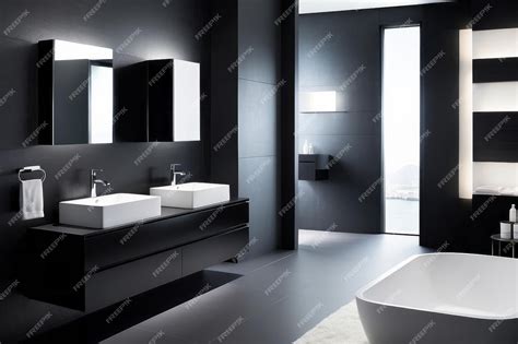 Modern All Black Bathroom Design With White Bathroom Cabinet | Premium ...