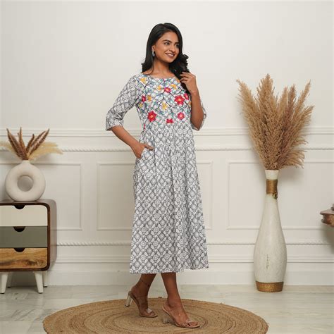 Grey Petals Embroidered Cotton Midi Dress with Pockets – Fashiana