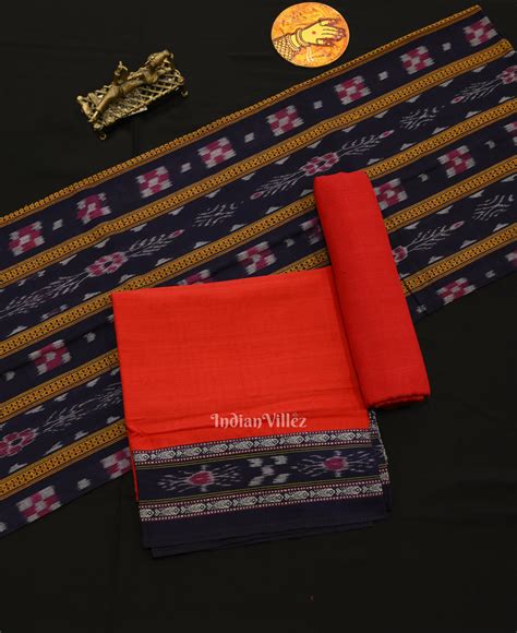 Navy Blue Red Pure Cotton Sambalpuri Dress Material & Dupatta ...