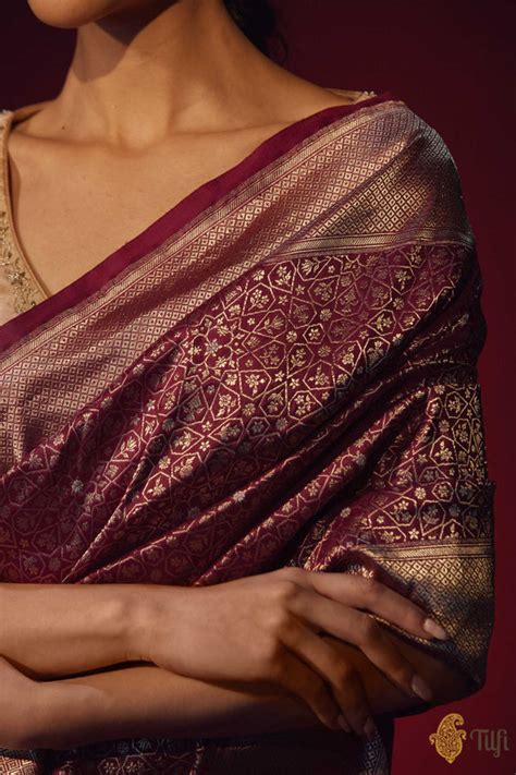 'Zohra' Deep Maroon Pure Katan Silk Banarasi Handloom Saree - Tilfi