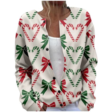 Womens Christmas Sweater Plus Size Long Sleeve Button Down Knit Sweater ...
