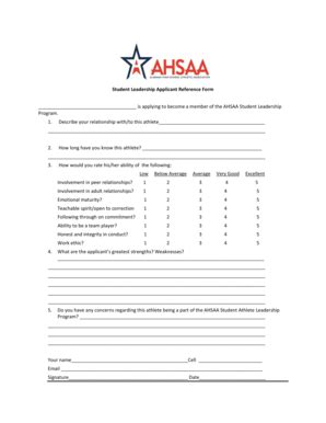 Fillable Online Student Leadership Applicant Reference Form - ahsaacom ...