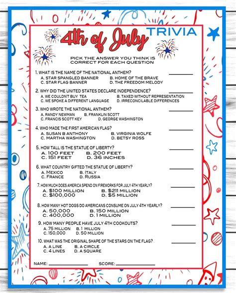Fourth Of July Trivia Printable - Printable Learning Sheets