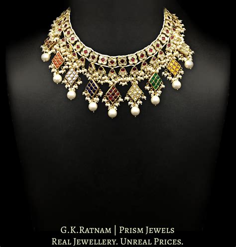 22k Gold and Diamond Polki Navratna Necklace Set with lustrous pearl c ...