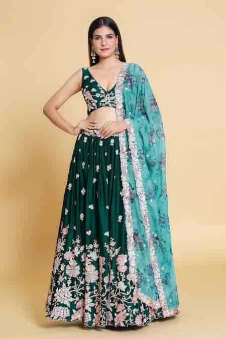 Buy Green Polyester, Organza Embroidery, Sequins V-neck Thread Pleated ...