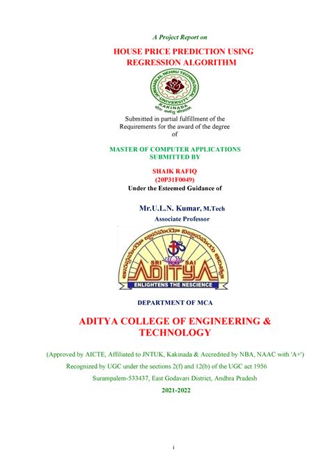 Acet document - i A Project Report on HOUSE PRICE PREDICTION USING ...