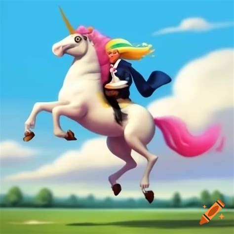 Person riding a unicorn, whimsical and imaginative scene on Craiyon