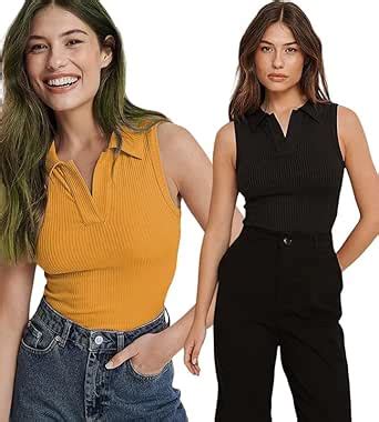 Meyara Ribbed Polo Collared Spaghetti Full Length Tops | Casual Top for ...