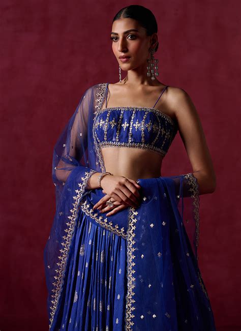 Royal Blue Embroidered Brocade Lehenga – Lashkaraa India