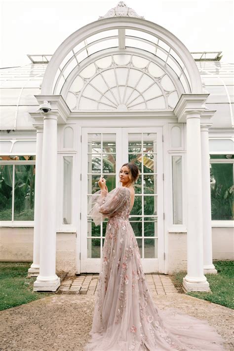 Colorful Floral Lace Boho Wedding Dress with Blouson Sleeves