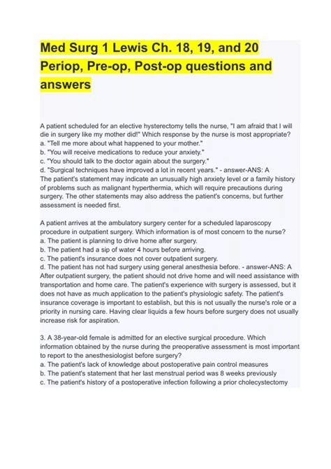 Med Surg 1 Lewis Ch. 18, 19, and 20 Periop, Pre-op, Post-op questions ...