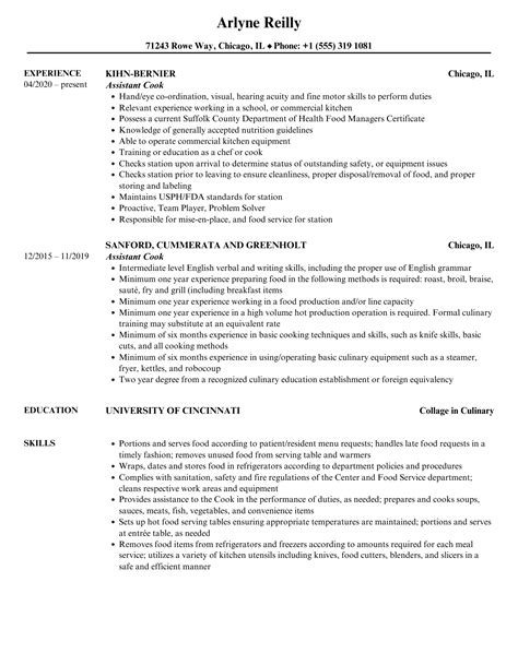 Image result for Assistant Cook Resume