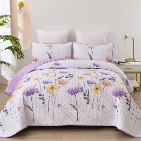 Amazon.com: King Size Quilt Set Floral,3 Pieces Purple & Yellow Quilts ...