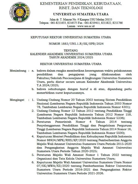 Academic Calendar Of The Universitas Sumatera Utara In 2024/2025 ...