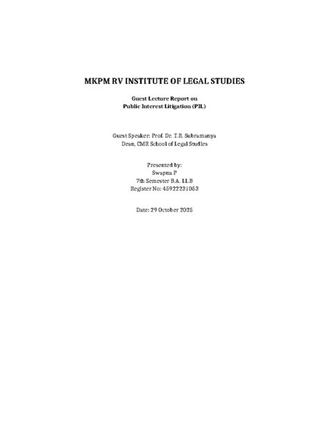 MKPM RV INSTITUTE OF LEGAL STUDIES Guest Lecture Report on PIL by Prof ...