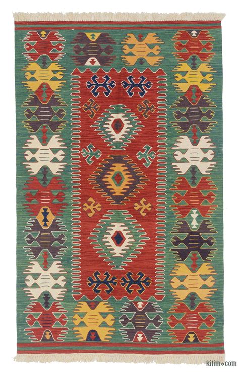 Red, Green New Handwoven Turkish Kilim Rug - K0043322