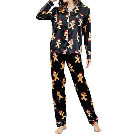 Women Christmas 2Pcs Pajamas Satin Gingerbread Man/Santa Print Long ...