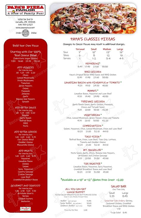 Menu at Papa's Pizza Parlor pizzeria, Eugene, W 11th Ave