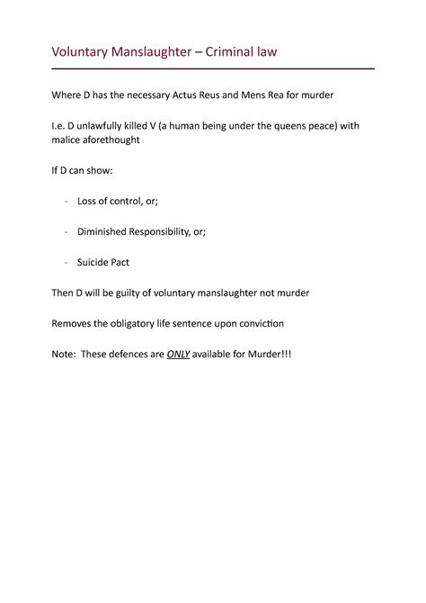 Voluntary Manslaughter - Criminal Law - Voluntary Manslaughter – Criminal law Where D has the ...