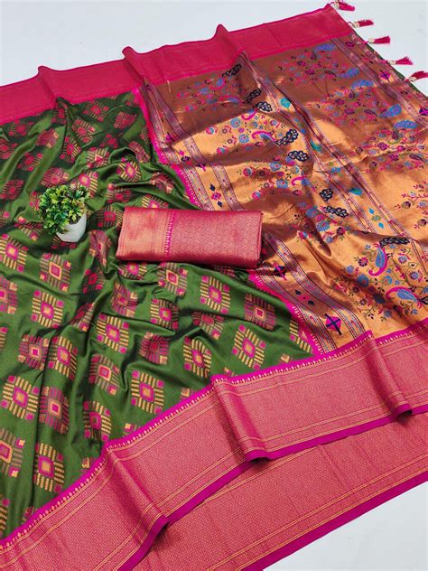 Invaluable Mehndi Paithani Silk Saree With Refreshing Blouse Piece ...