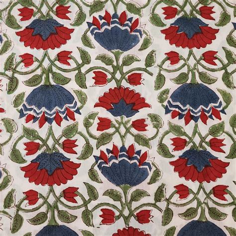 ( PRE-CUT 1.45 METER ) Pure Cotton Jaipuri White With Red And Blue Flo ...