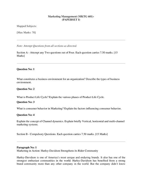 Marketing Management- Model Question Paper - Marketing Management (MKTG ...